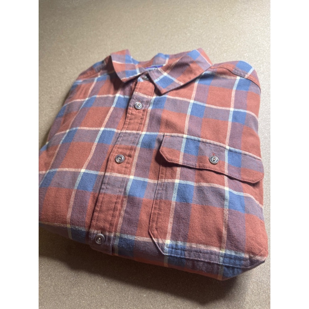 Patagonia Fjord Flannel Shirt Mens XXL‎ Burnt Orange Blue Plaid Organic Cotton